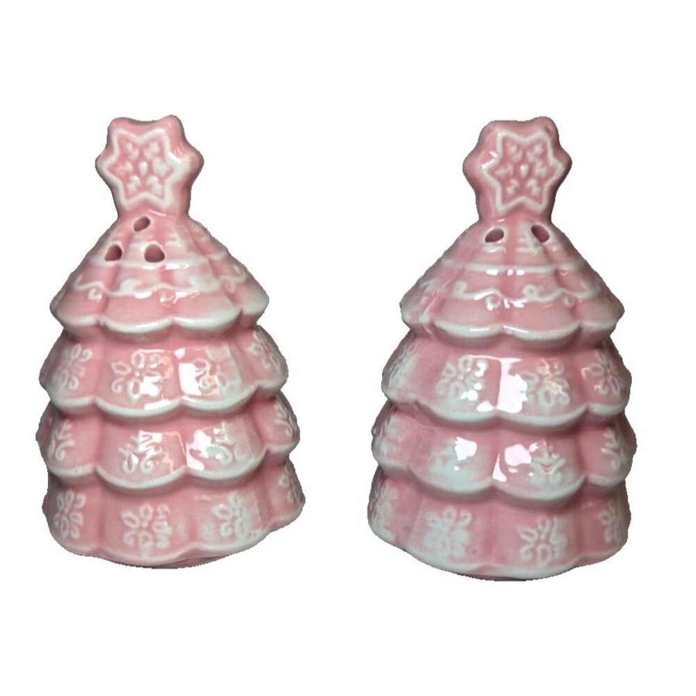 Christmas Tree Salt and Pepper Shakers Retro Pink Ceramic Holiday Kitchen NIP